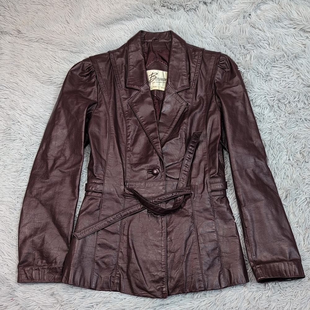 Vintage Berman's‎ Jacket Womens 8 Leather Coat Belted Pockets Button Up Preppy